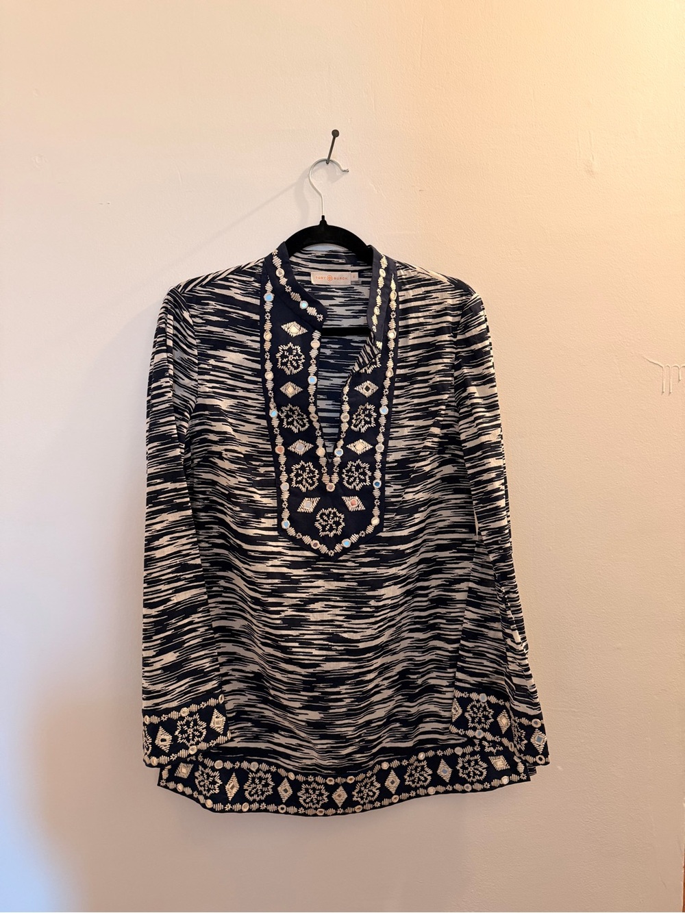 Tory Burch Navy and White Embroidered Tunic Top size 6